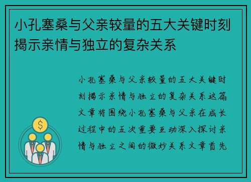 小孔塞桑与父亲较量的五大关键时刻揭示亲情与独立的复杂关系
