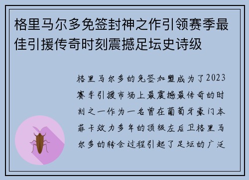 格里马尔多免签封神之作引领赛季最佳引援传奇时刻震撼足坛史诗级
