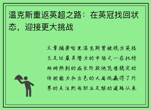 温克斯重返英超之路:在英冠找回状态,迎接更大挑战 温克斯重返英超之路:在英冠找回状态,迎接更大挑战
