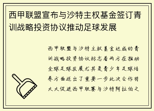 西甲联盟宣布与沙特主权基金签订青训战略投资协议推动足球发展 西甲联盟宣布与沙特主权基金签订青训战略投资协议推动足球发展
