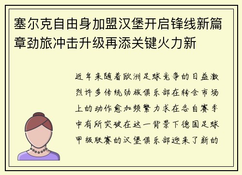 塞尔克自由身加盟汉堡开启锋线新篇章劲旅冲击升级再添关键火力新