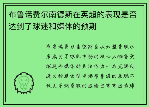 布鲁诺费尔南德斯在英超的表现是否达到了球迷和媒体的预期