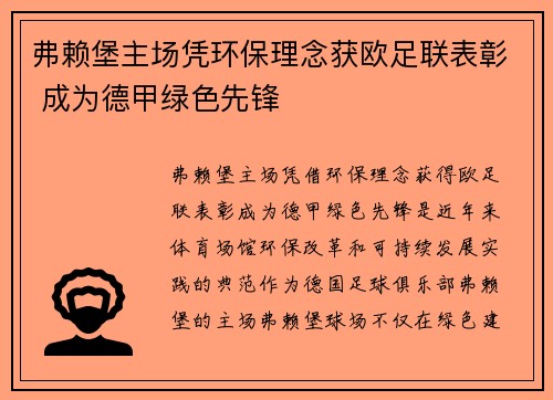 弗赖堡主场凭环保理念获欧足联表彰 成为德甲绿色先锋 弗赖堡主场凭环保理念获欧足联表彰 成为德甲绿色先锋